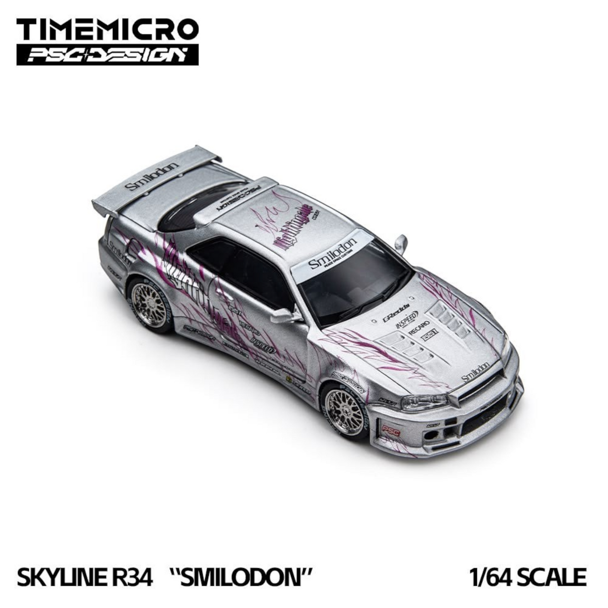 Lot57Supplies Diecast Shop 1:64 scale silver Nissan Skyline R34 Smilodon diecast model car with custom racing decals