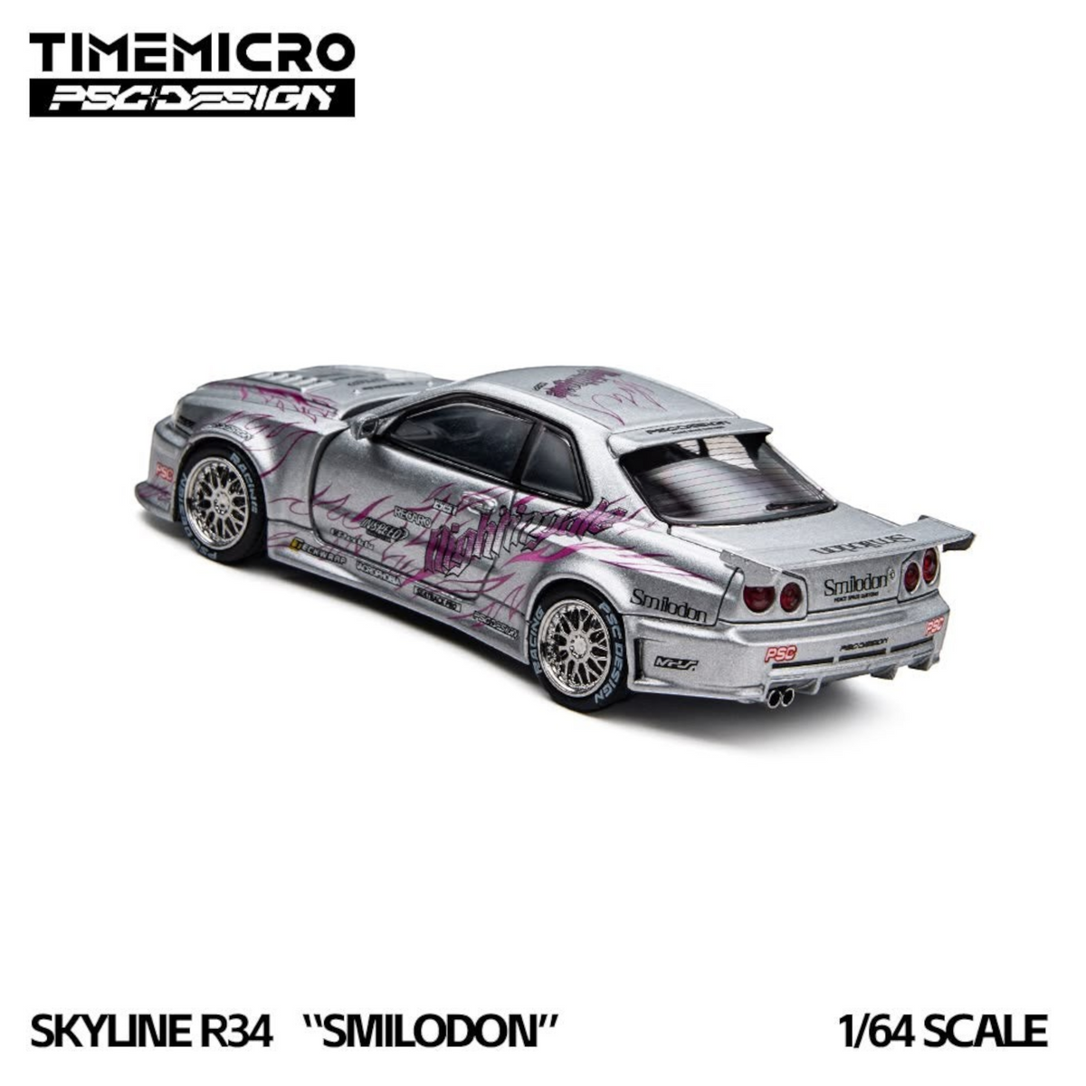 Lot57Supplies Diecast Shop 1:64 scale silver Nissan Skyline R34 Smilodon diecast model with custom purple graphics