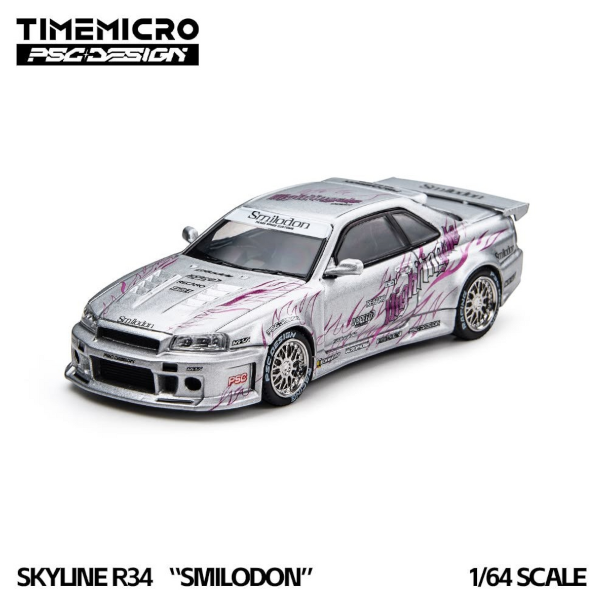 Lot57Supplies Diecast Shop 1:64 scale TimeMicro x PSC DESIGN Nissan Skyline R34 Smilodon in Silver Nightingale finish