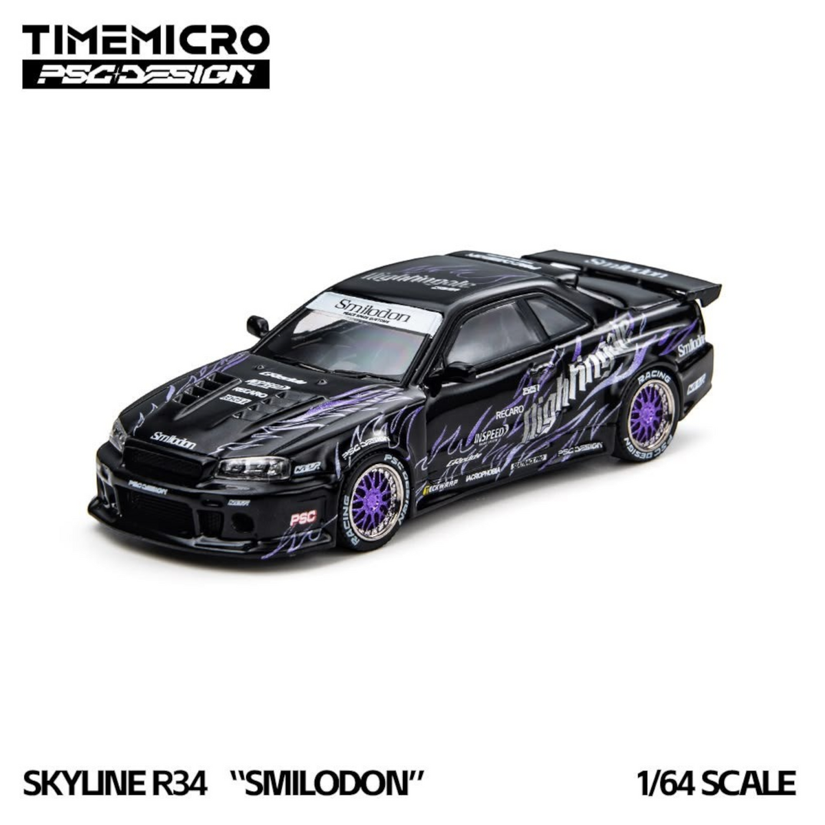Lot57Supplies Diecast Shop 1:64 scale Nissan Skyline R34 Smilodon diecast car in Black Nightingale with purple wheels
