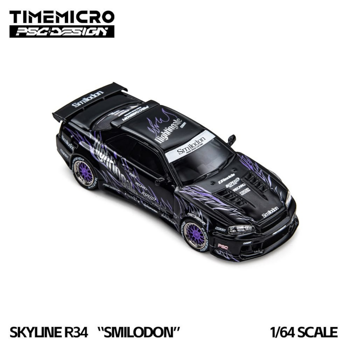 Lot57Supplies Diecast Shop 1:64 scale TimeMicro x PSC DESIGN Nissan Skyline R34 Smilodon in Black Nightingale livery