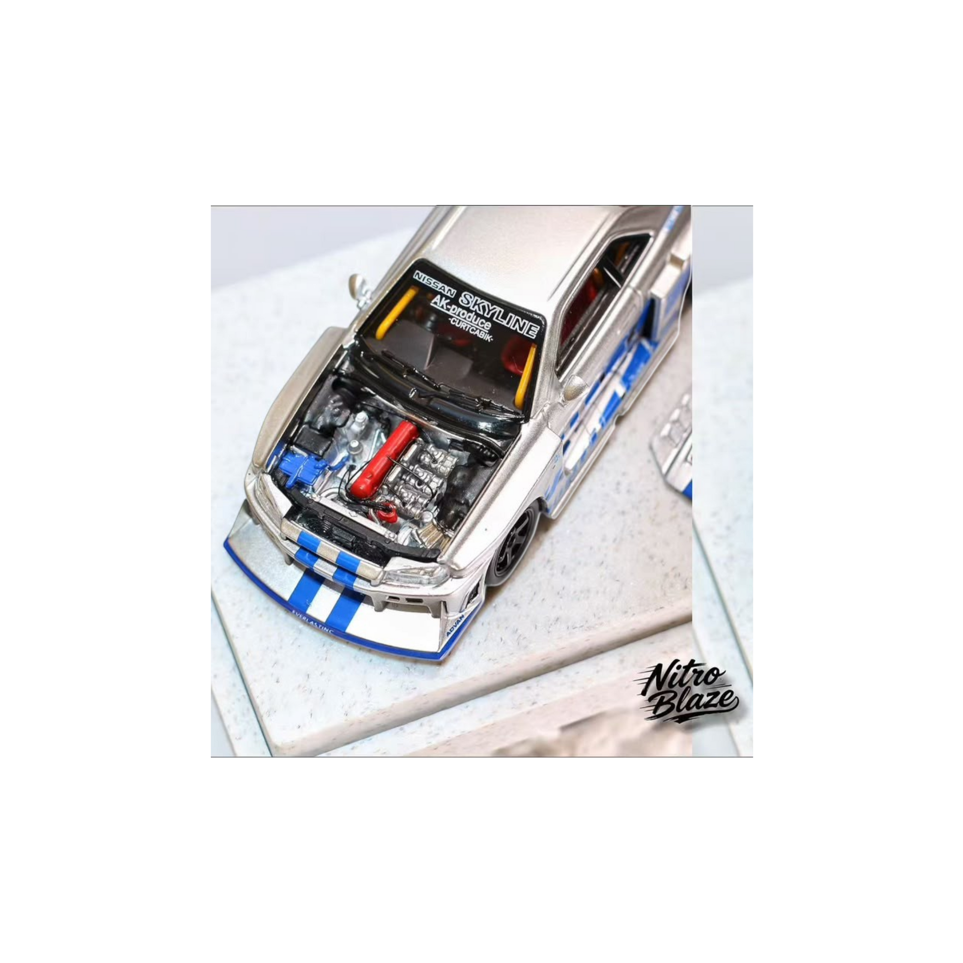 Lot57Supplies Diecast Shop Nitro Blaze 1:64 scale silver Nissan Skyline ER34 LB-Super Silhouette with open hood