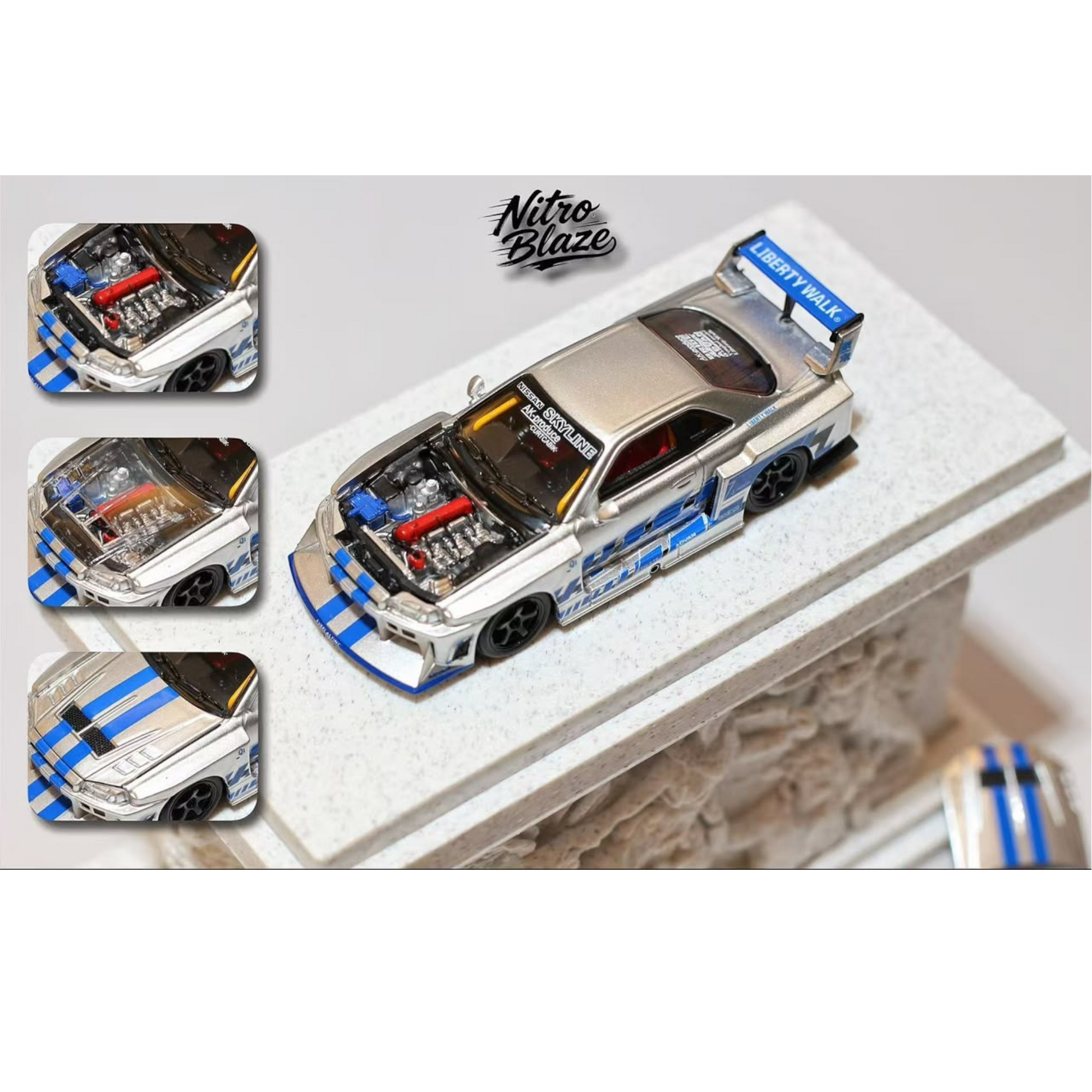 Lot57Supplies Diecast Shop Nitro Blaze 1:64 scale silver Nissan Skyline ER34 LB-Super Silhouette diecast model car