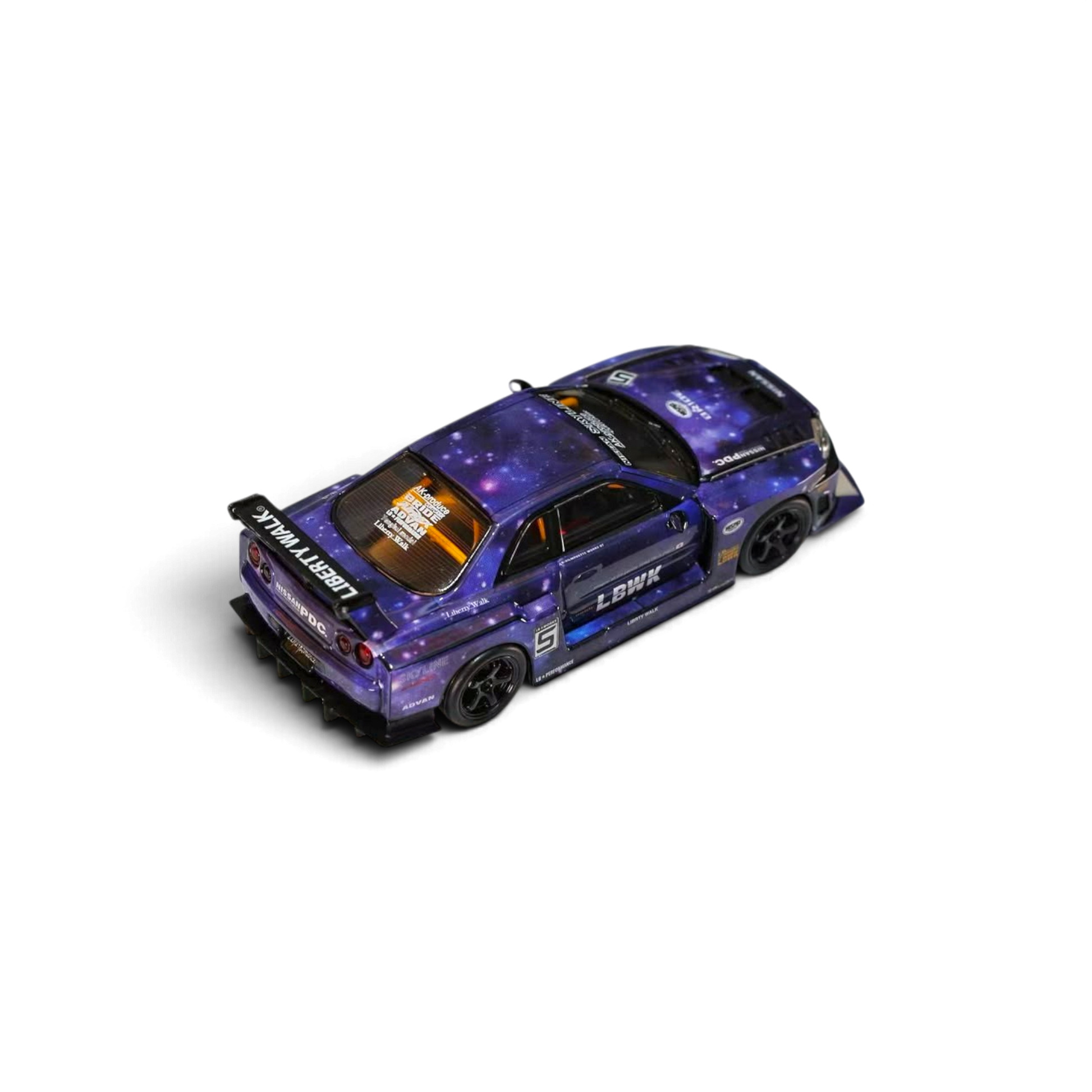 Lot57Supplies Diecast Shop 1:64 scale Nitro Blaze Skyline ER34 LB-Super Silhouette diecast car in starry purple finish.