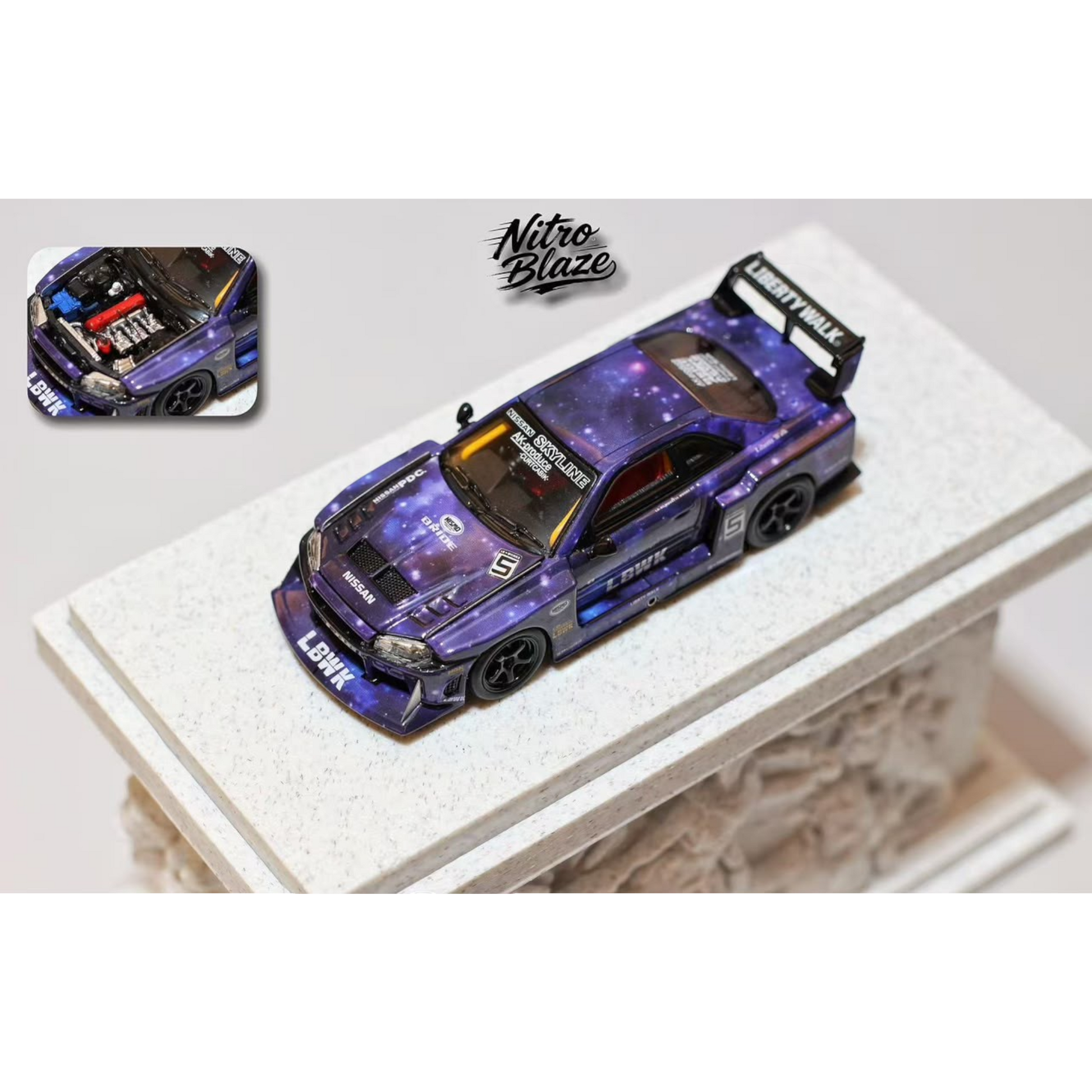 Lot57Supplies Diecast Shop Nitro Blaze 1:64 scale starry purple Nissan Skyline ER34 LB-Super Silhouette diecast model