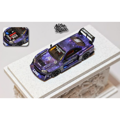 Lot57Supplies Diecast Shop Nitro Blaze 1:64 scale starry purple Nissan Skyline ER34 LB-Super Silhouette diecast model