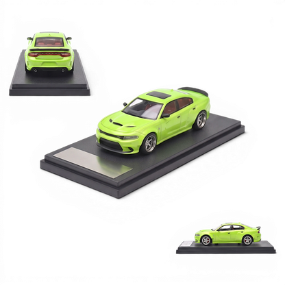 Lot57Supplies Diecast Shop 1:64 scale olive green 2023 Dodge Charger SRT Hellcat diecast model car on display base