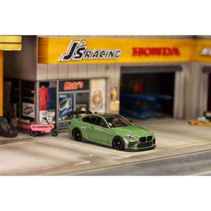 Lot57Supplies Diecast Shop 1:64 scale olive green SW G87 M2 ADRO modified diecast car with high wing on display