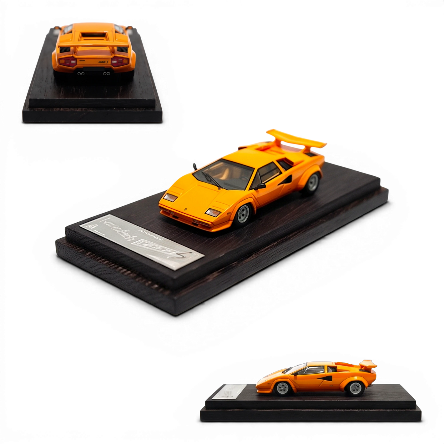 Lot57Supplies Diecast Shop DeepMaker 1:64 scale orange Countach 5000S resin model car on a wooden display base