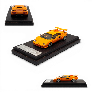 Lot57Supplies Diecast Shop DeepMaker 1:64 scale orange Countach 5000S resin model car on a wooden display base