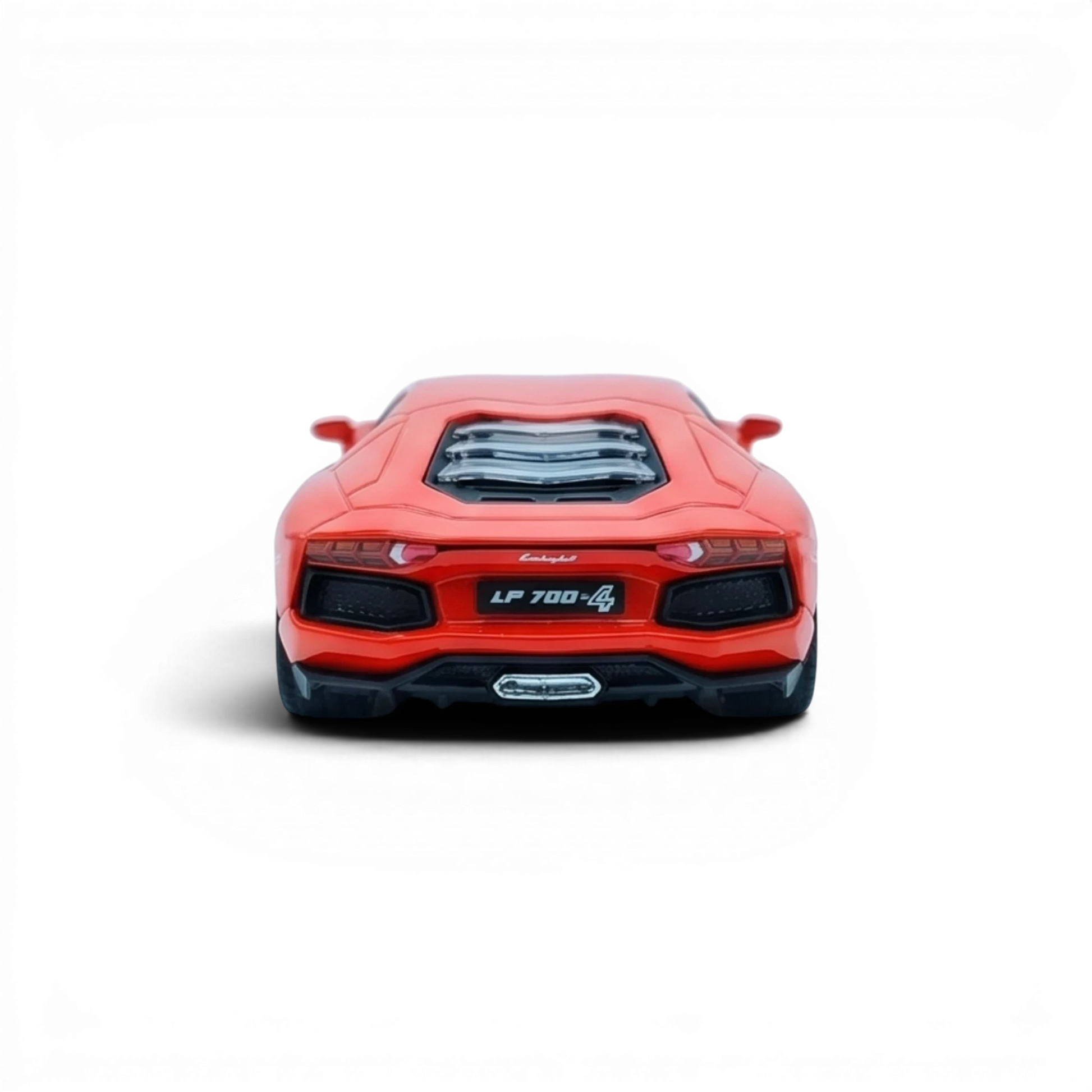 Rear view of a Lot57Supplies Diecast Shop Phantom Speed Lamborghini Aventador LP700 diecast model in classic orange.