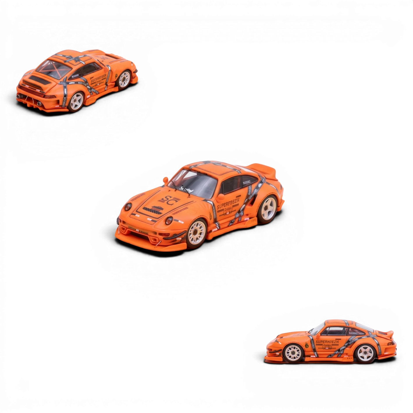 Lot57Supplies Diecast Shop orange 1:64 scale modified Porsche 993 with Jager Heat livery and racing decals.