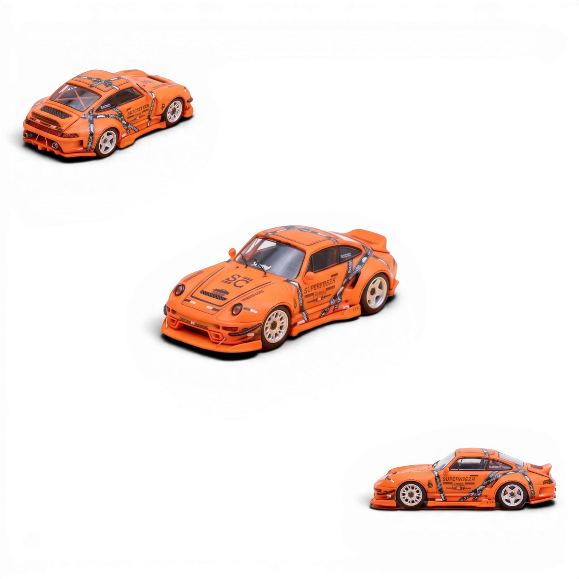 Lot57Supplies Diecast Shop orange 1:64 scale modified Porsche 993 with Jager Heat livery and racing decals.