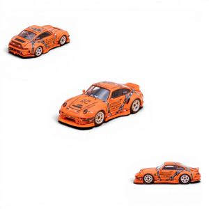 Lot57Supplies Diecast Shop orange 1:64 scale modified Porsche 993 with Jager Heat livery and racing decals.
