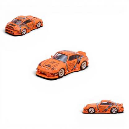 Lot57Supplies Diecast Shop orange 1:64 scale modified Porsche 993 with Jager Heat livery and racing decals.