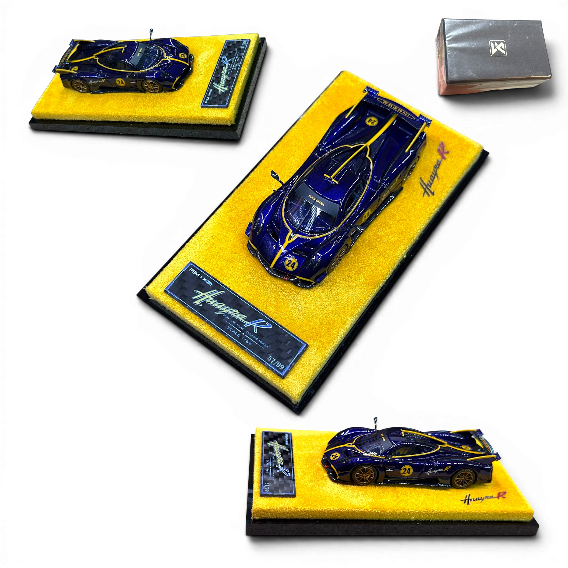 Lot57Supplies Diecast Shop 1:64 scale resin Pagani Huayra R model car in purple carbon fiber with yellow accents.