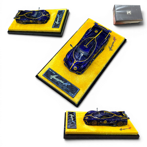 Lot57Supplies Diecast Shop 1:64 scale resin Pagani Huayra R model car in purple carbon fiber with yellow accents.
