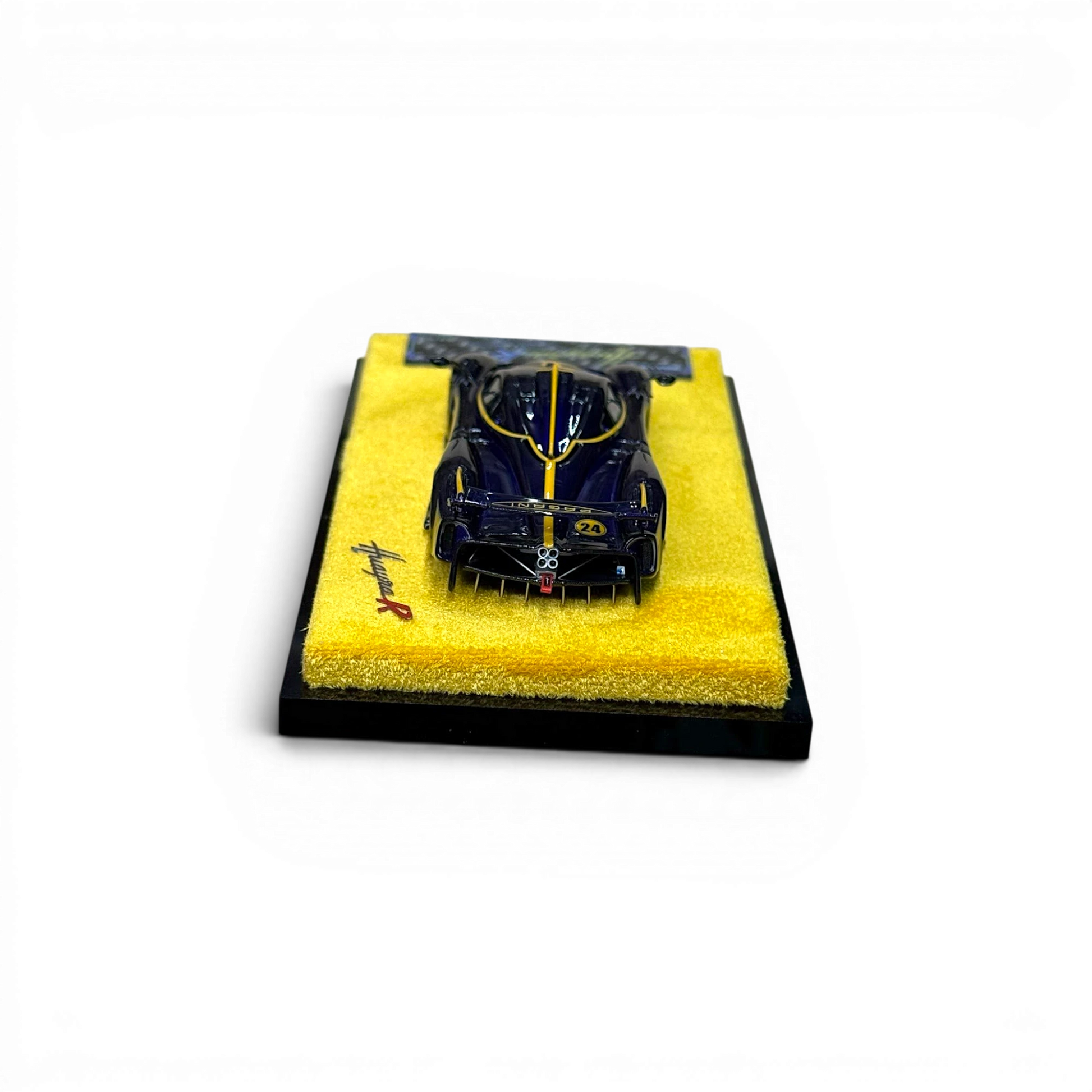 Lot57Supplies Diecast Shop 1:64 scale resin PSM & DMY Pagani Huayra R model car in purple carbon fiber with yellow trim