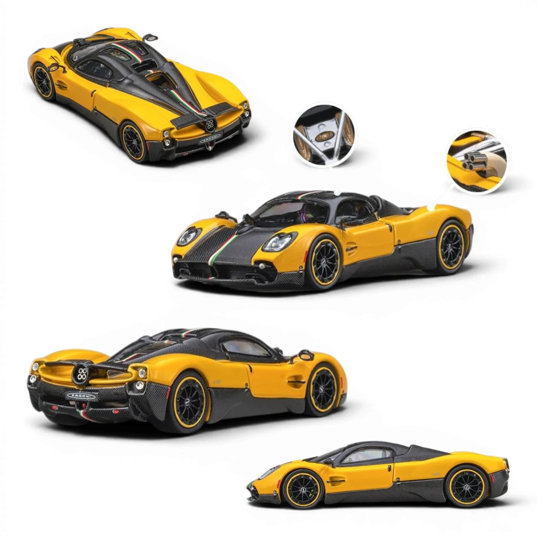 Lot57Supplies Diecast Shop 1:64 scale CM Model Pagani Utopia in Giallo Ginevra yellow with carbon fiber details.