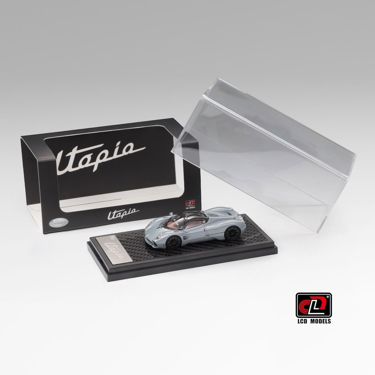 Lot57Supplies Diecast Shop 1:64 scale LCD Pagani Utopia diecast model car in ice blue with display case and packaging
