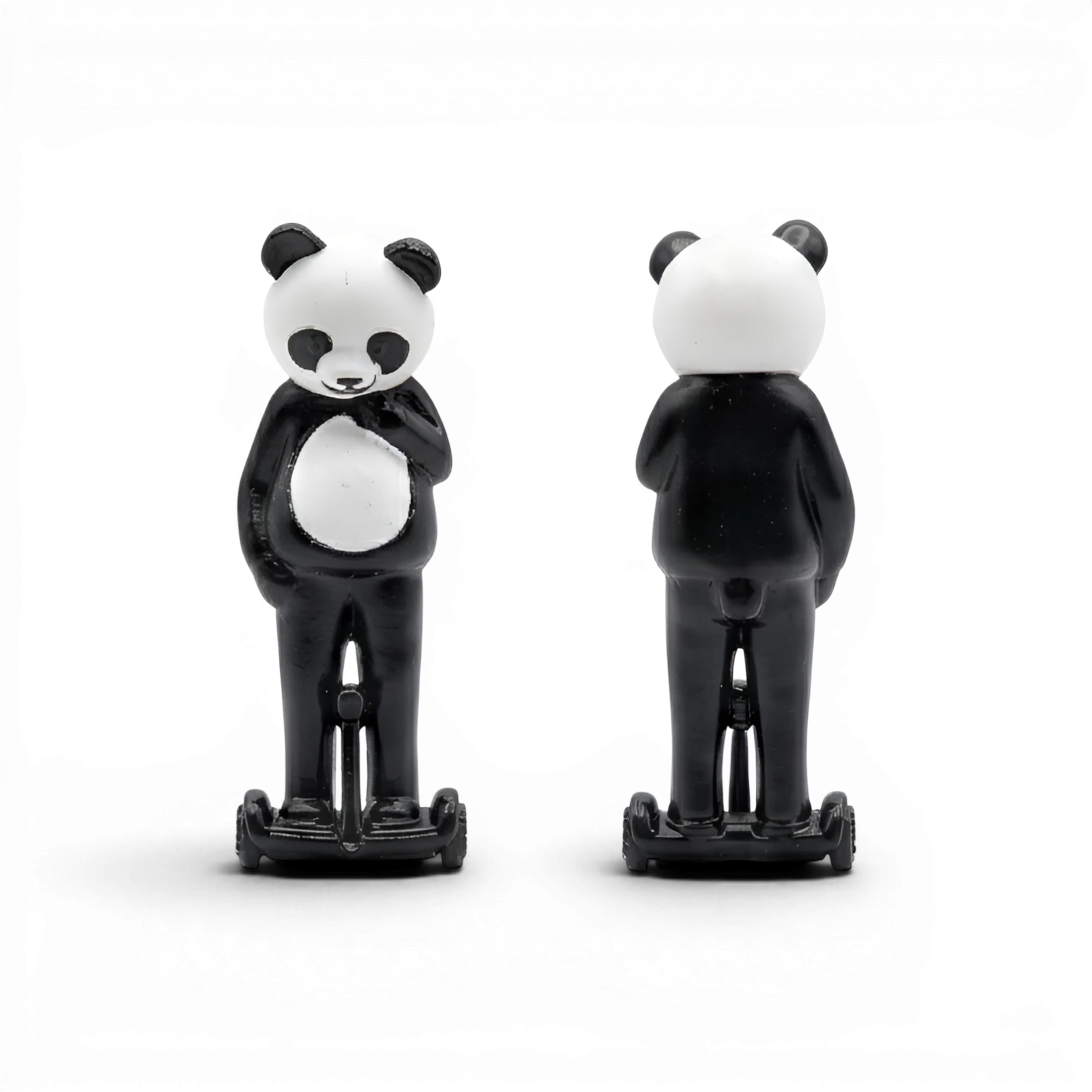 Lot57Supplies Diecast Shop Street Weapon 1:64 scale resin panda figure riding a hoverboard, front and back view.