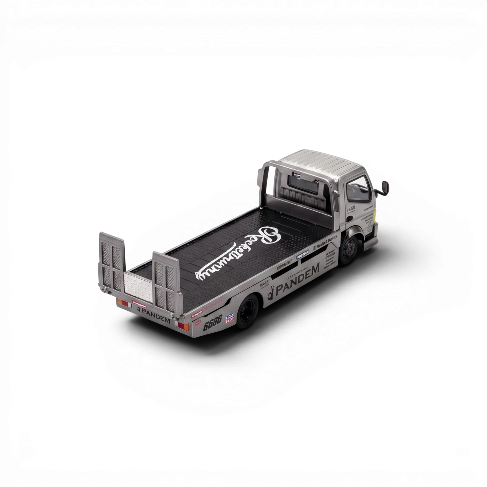 Lot57Supplies Diecast Shop Pop Race Pandem Fuso 300 silver chrome diecast flatbed transporter truck in 1:64 scale