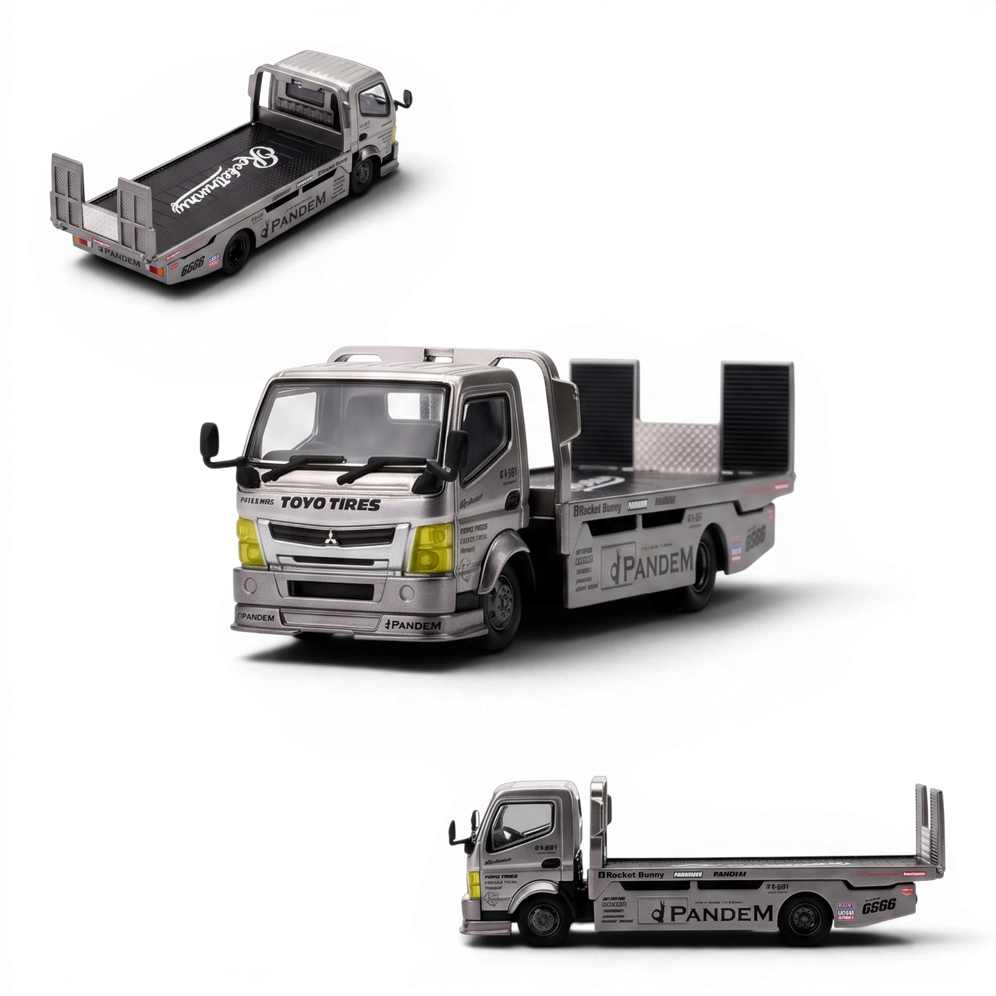 Lot57Supplies Diecast Shop 1:64 scale silver chrome Pandem Fuso 300 flatbed transporter diecast model truck