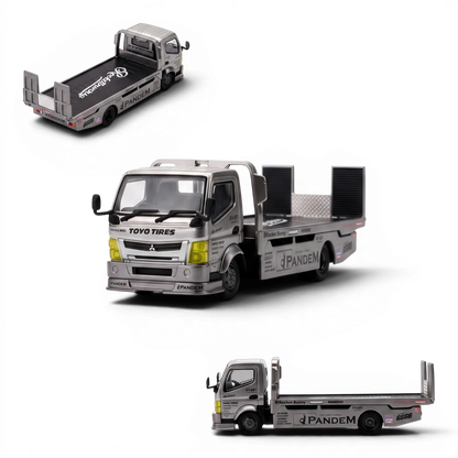 Lot57Supplies Diecast Shop 1:64 scale silver chrome Pandem Fuso 300 flatbed transporter diecast model truck