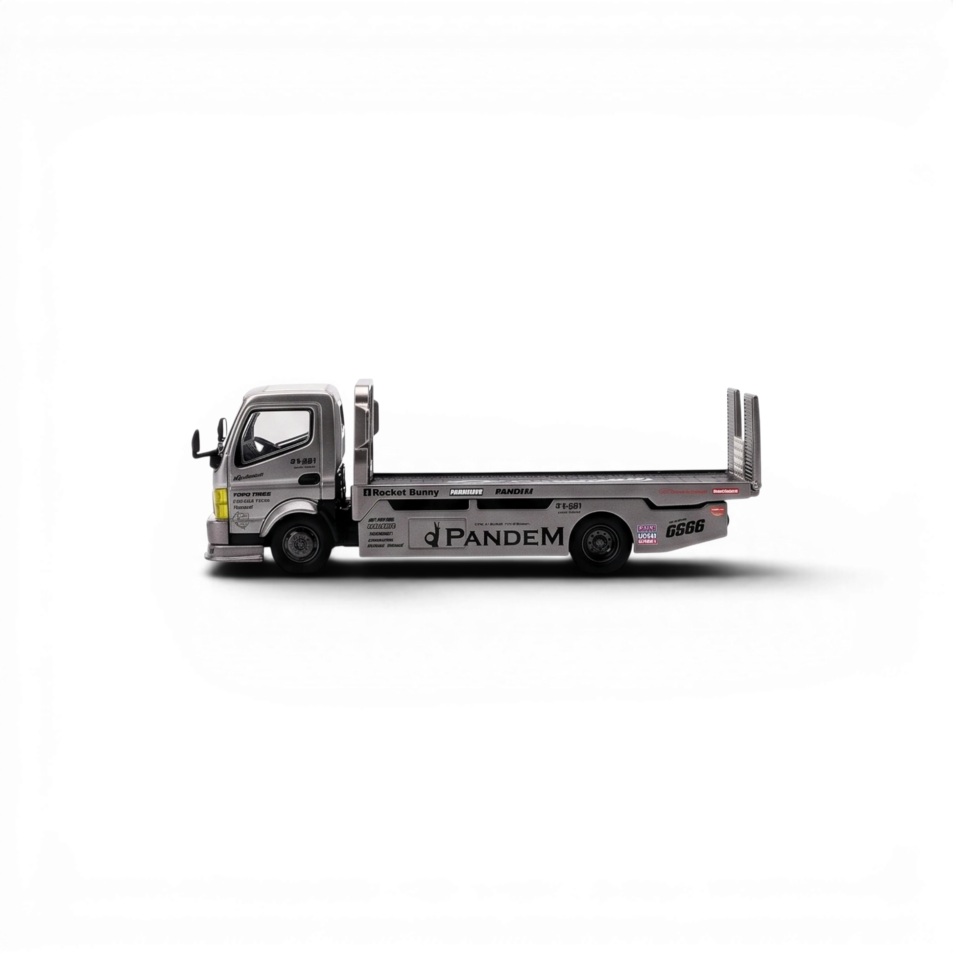 Lot57Supplies Diecast Shop Pop Race Pandem Fuso 300 flatbed transporter in silver chrome, 1:64 scale diecast model.