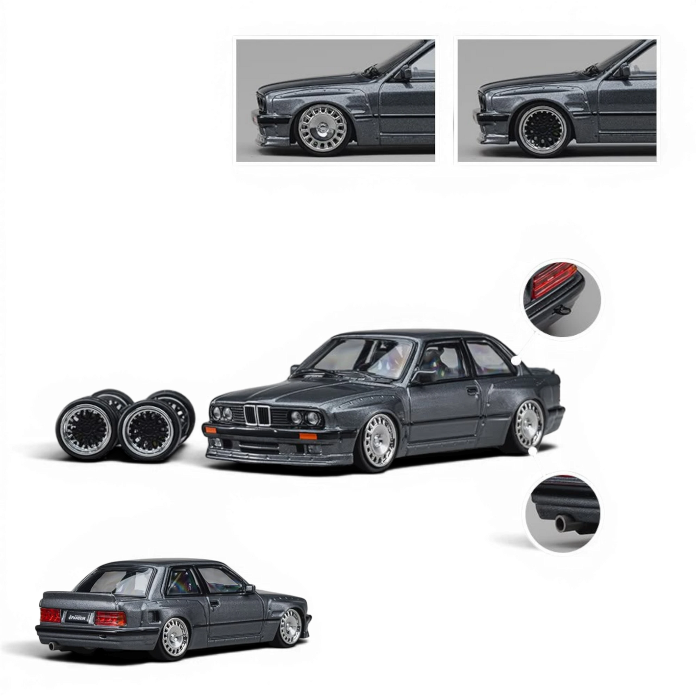 Lot57Supplies Diecast Shop CM Model Pandem M3 E30 in metallic gunmetal gray, 1:64 scale diecast with custom wheels.