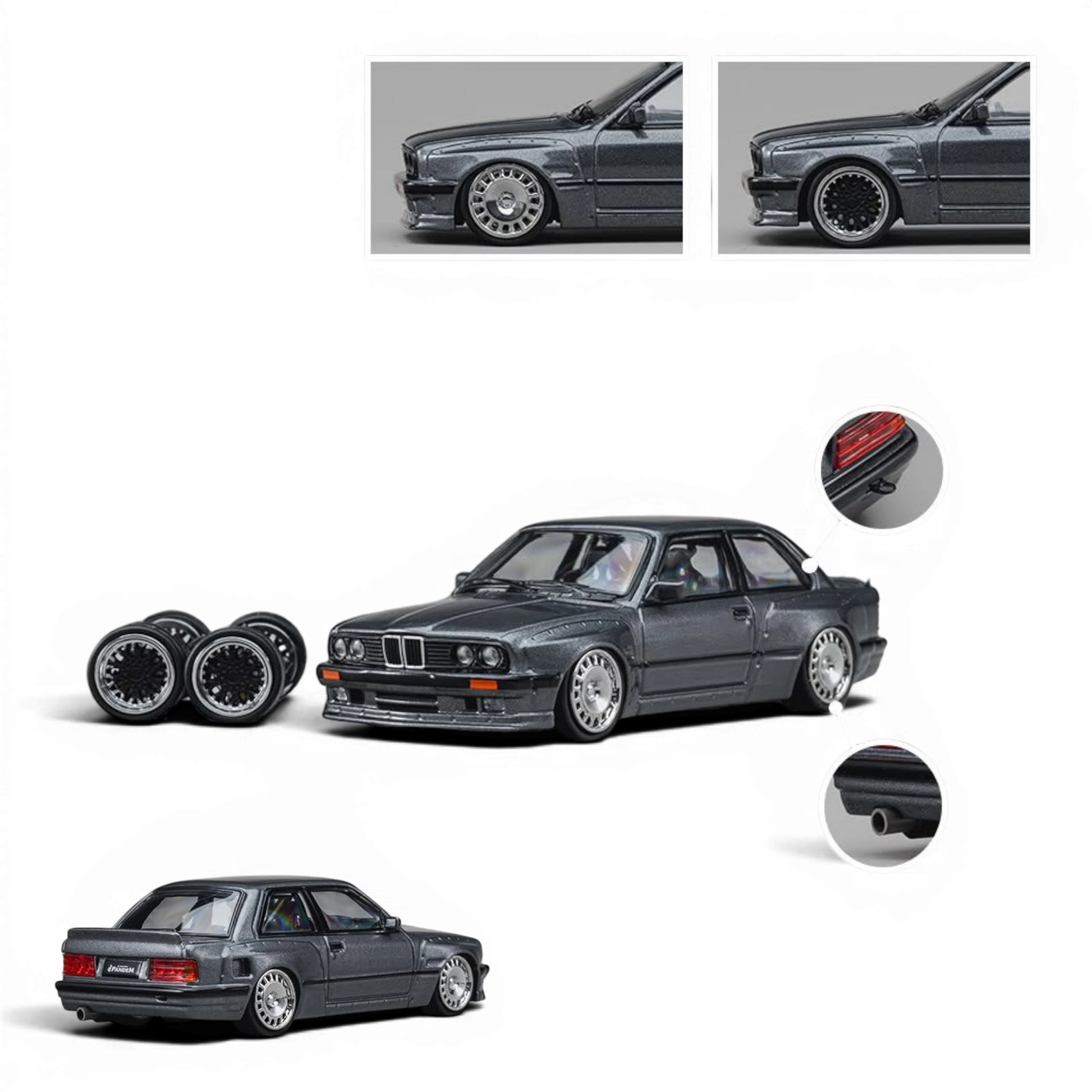 Lot57Supplies Diecast Shop CM Model Pandem M3 E30 in metallic gunmetal gray, 1:64 scale diecast with custom wheels.