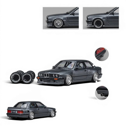 Lot57Supplies Diecast Shop CM Model Pandem M3 E30 in metallic gunmetal gray, 1:64 scale diecast with custom wheels.