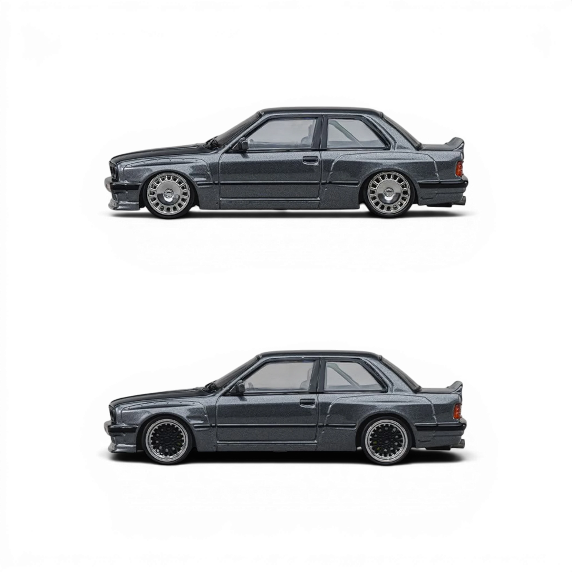 Lot57Supplies Diecast Shop CM Model 1:64 scale metallic gunmetal gray Pandem M3 E30 diecast car side profile view
