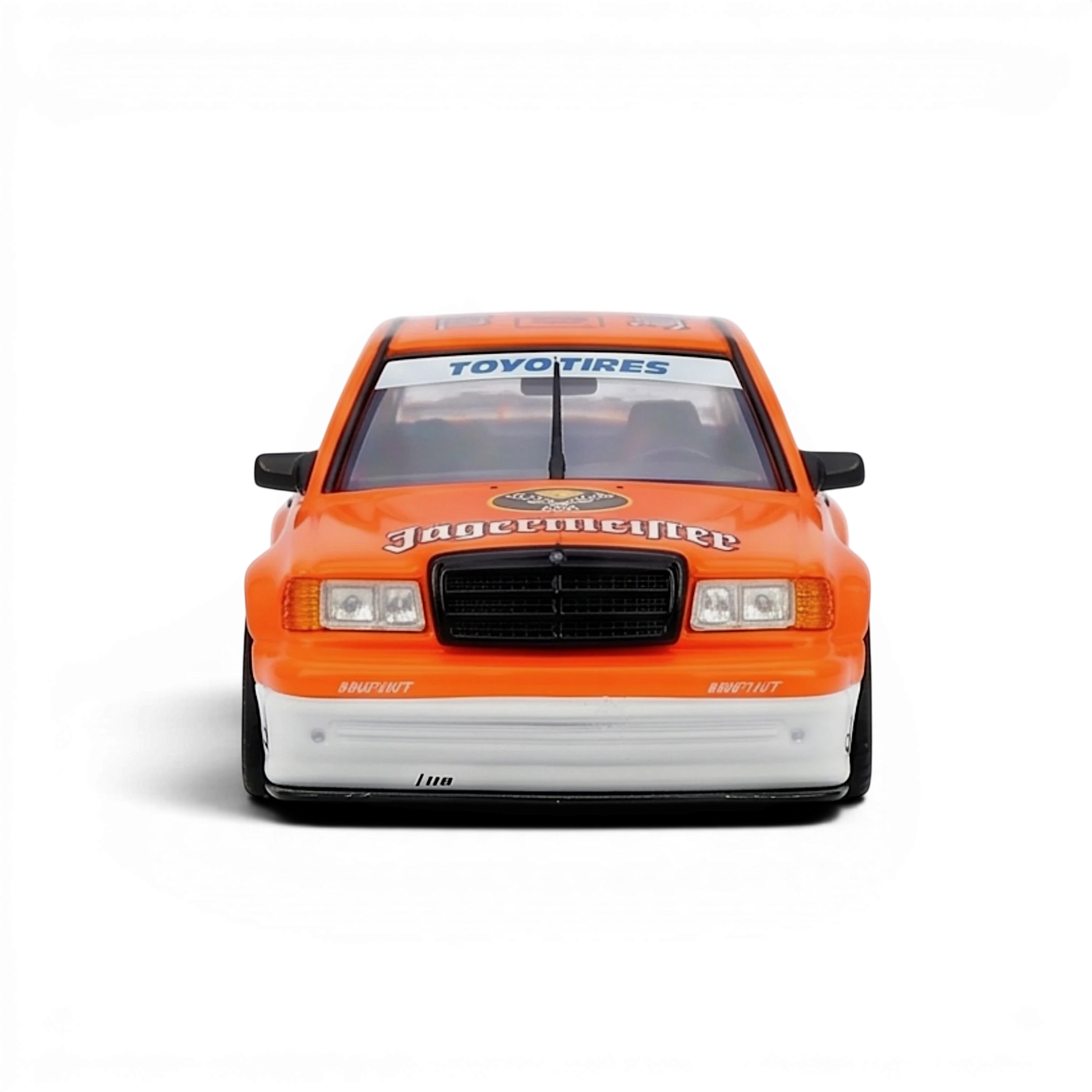 Lot57Supplies Diecast Shop INNO64 Pandem Rocket Bunny 190E diecast car in orange Jagermeister livery, front view.