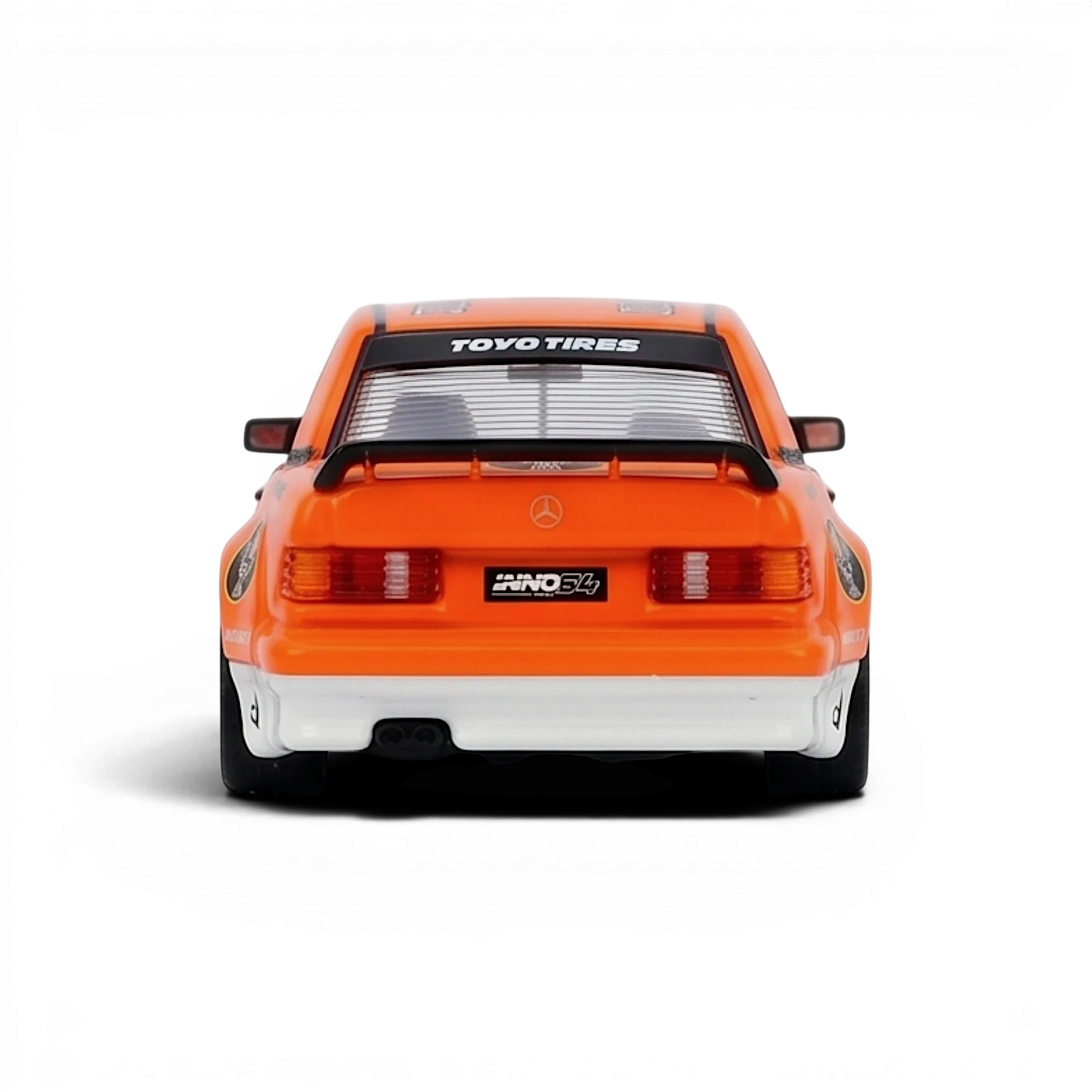 Lot57Supplies Diecast Shop INNO64 Pandem Rocket Bunny 190E diecast model car in orange Jagermeister livery rear view