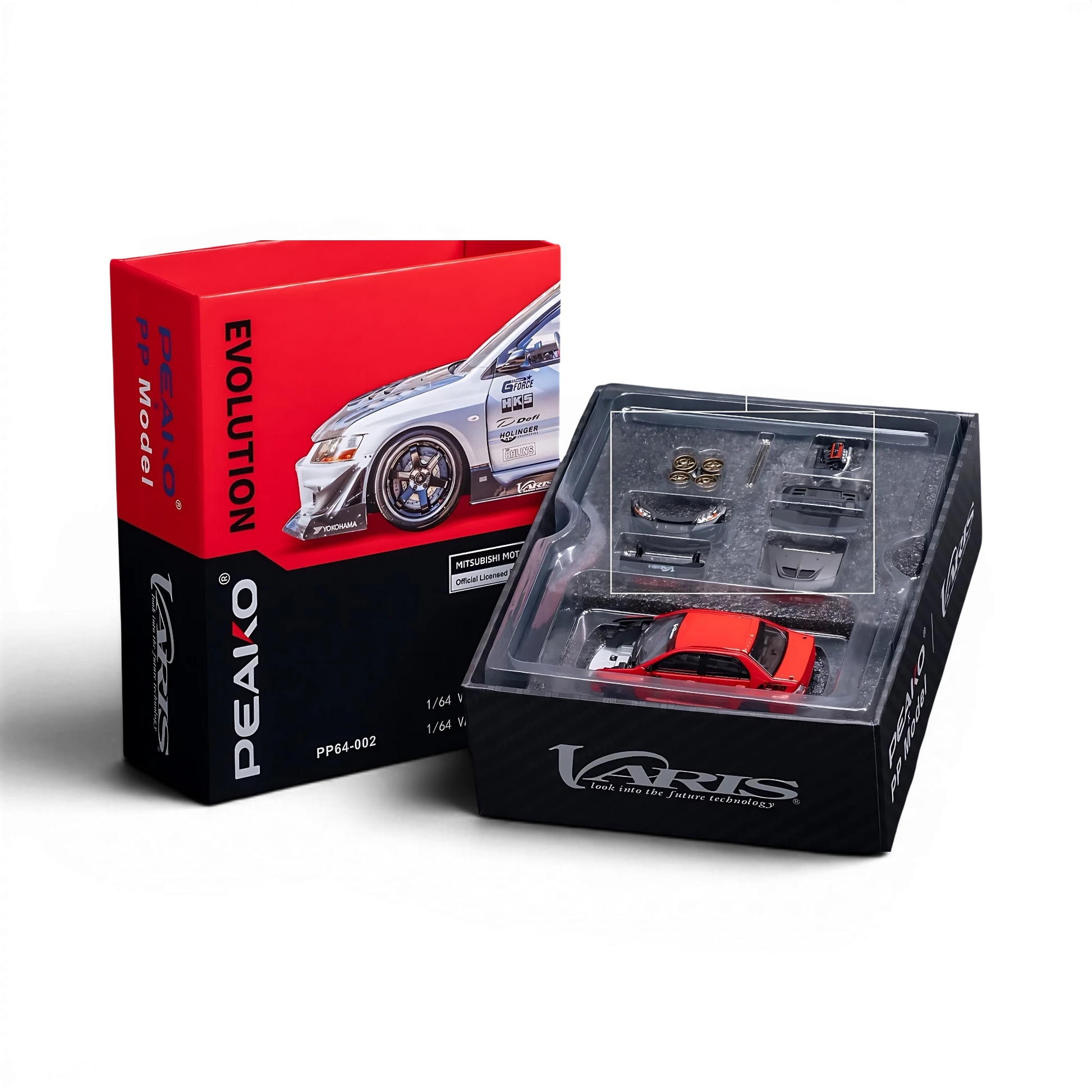 Lot57Supplies Diecast Shop PEAKO 1:64 scale Mitsubishi Lancer Evolution IX VARIS widebody model with red carbon hood