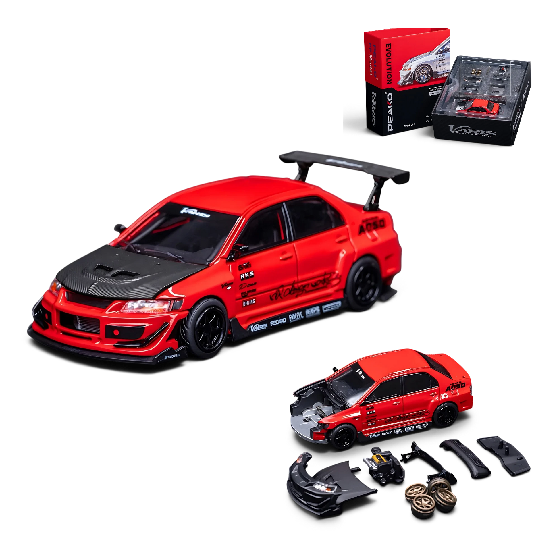 Lot57Supplies Diecast Shop PEAKO 1:64 Mitsubishi Lancer Evolution IX VARIS widebody model in red with carbon hood