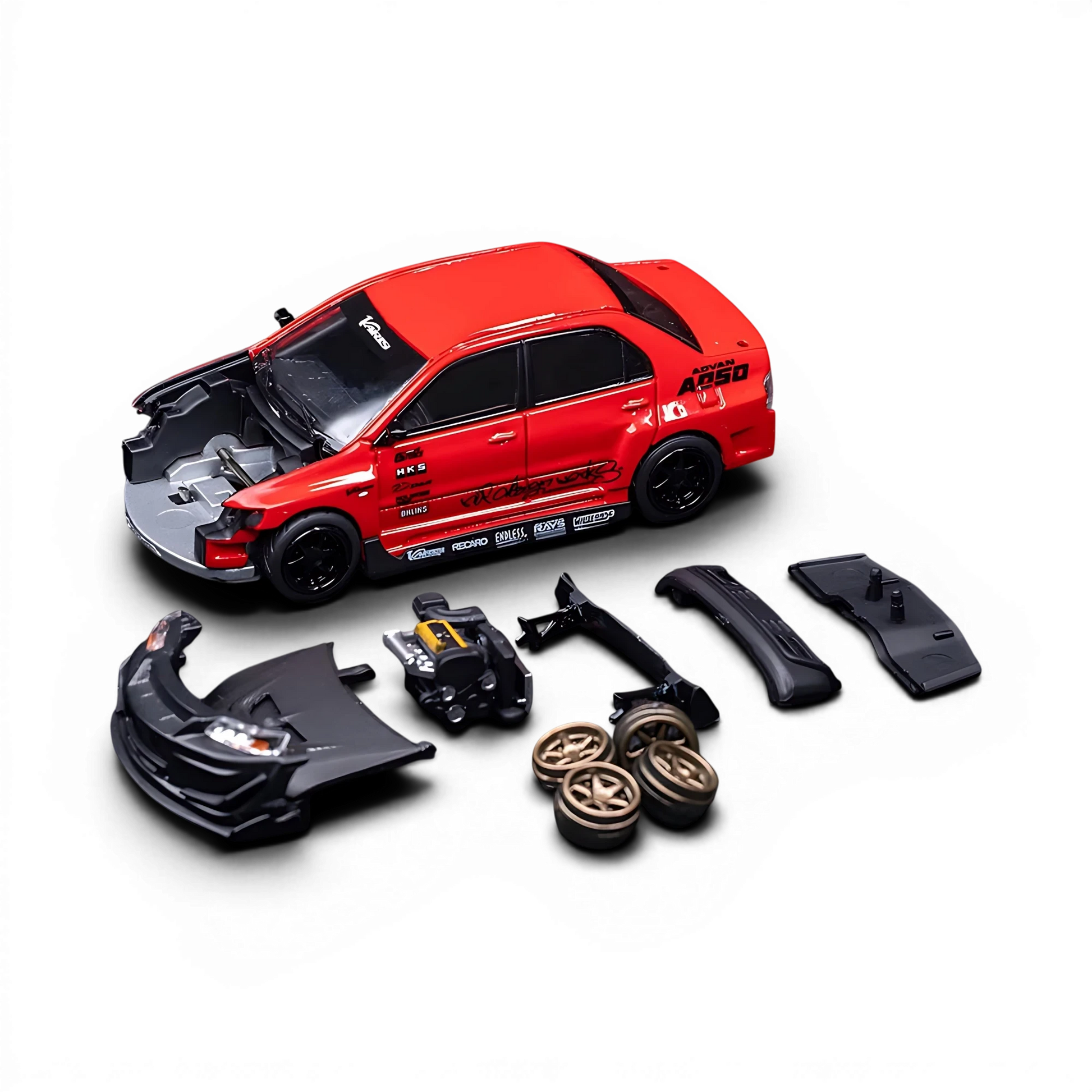 Lot57Supplies Diecast Shop PEAKO 1:64 scale red Mitsubishi Lancer Evolution IX VARIS widebody model with engine parts