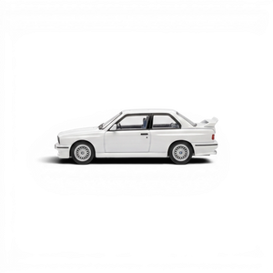 Lot57Supplies Diecast Shop Mortal 1:64 scale pearl white BMW E30 M3 diecast model car, side profile view.