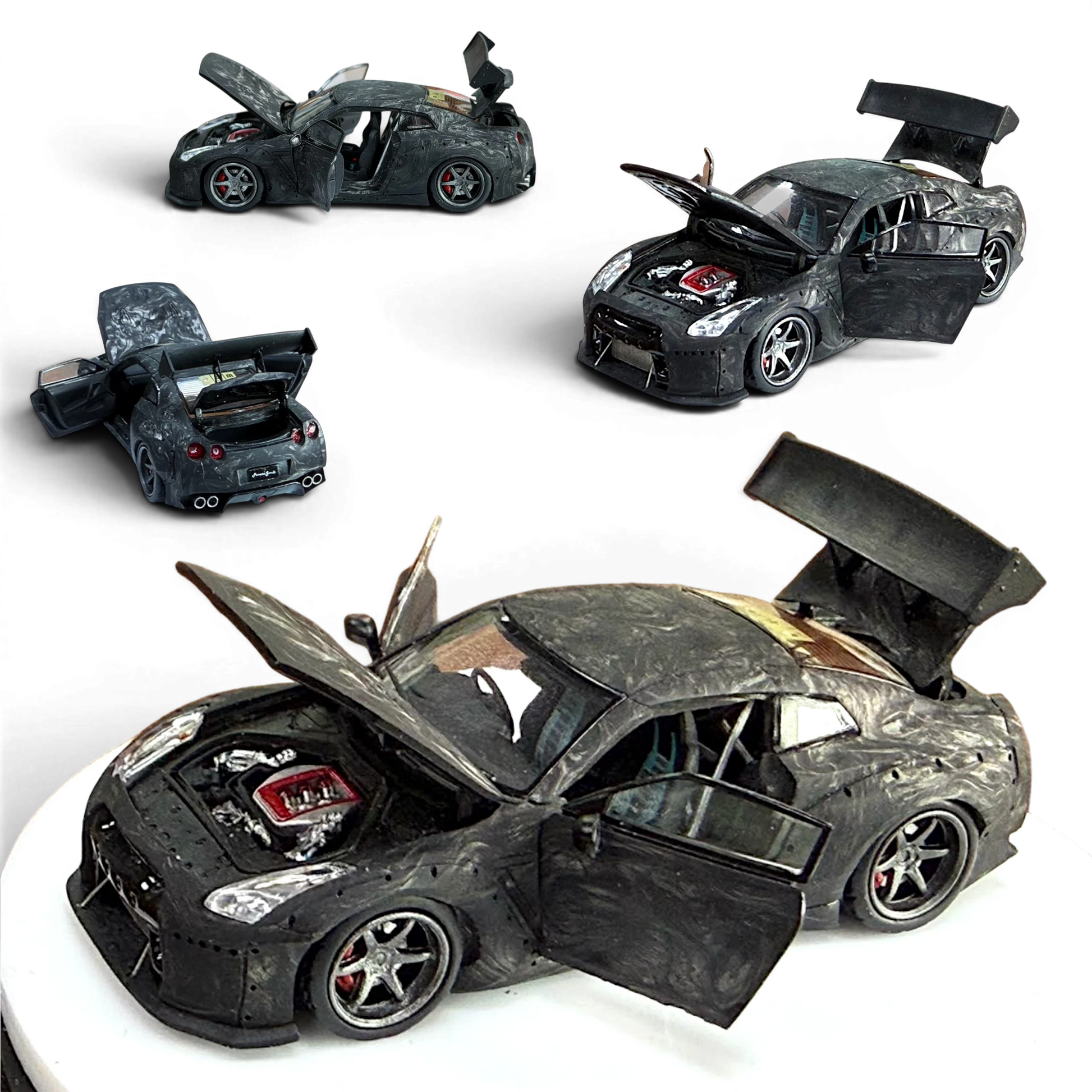 Lot57Supplies Diecast Shop PGM 1:64 scale Nissan GTR R35 diecast model car in black carbon fiber with opening parts