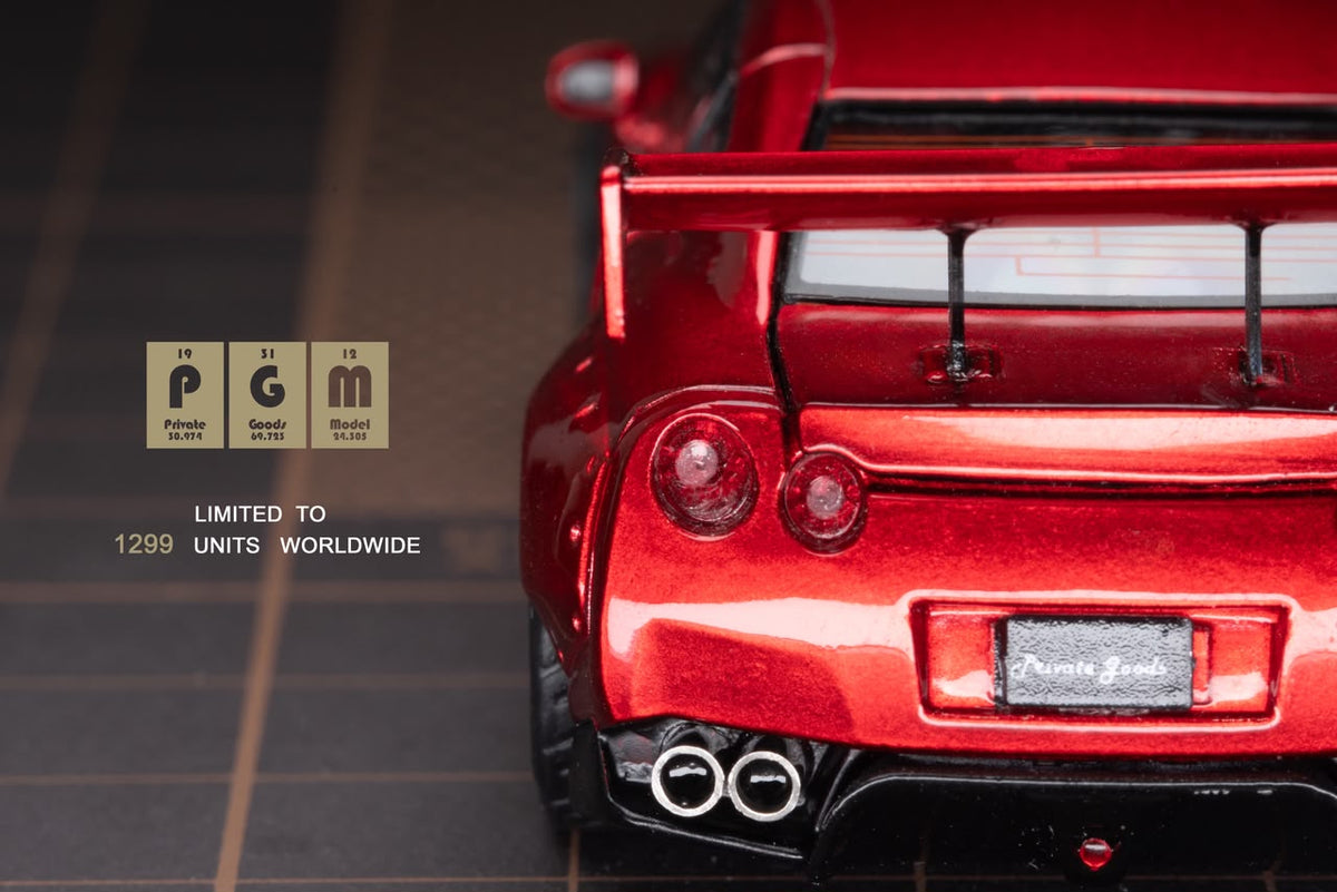Lot57Supplies Diecast Shop PGM Nissan R35 widebody diecast car in metallic red, rear view with spoiler and quad exhaust