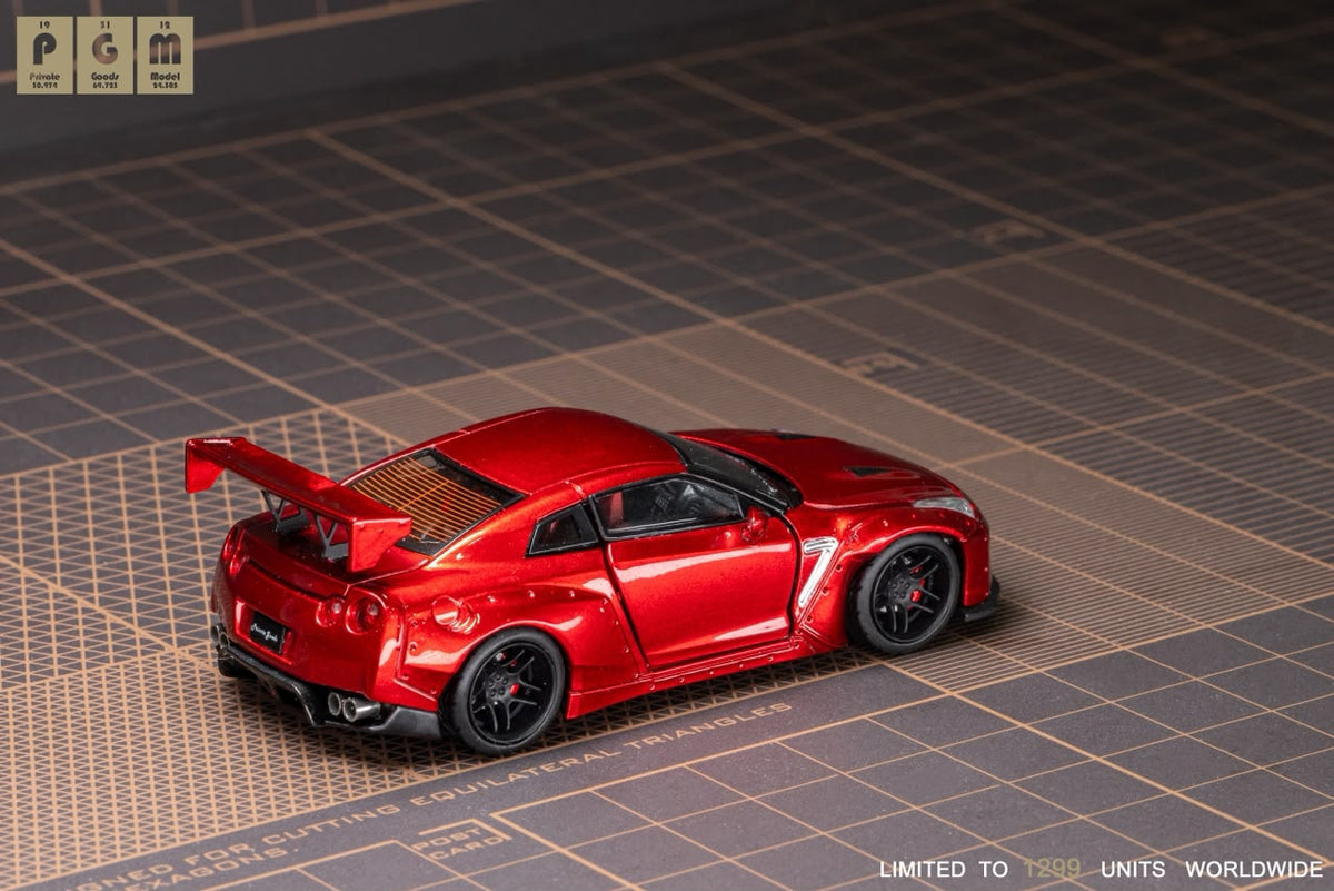 Lot57Supplies Diecast Shop PGM Nissan R35 widebody diecast model car in metallic red with rear wing, 1:64 scale