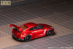 Lot57Supplies Diecast Shop PGM Nissan R35 widebody diecast model car in metallic red with rear wing, 1:64 scale