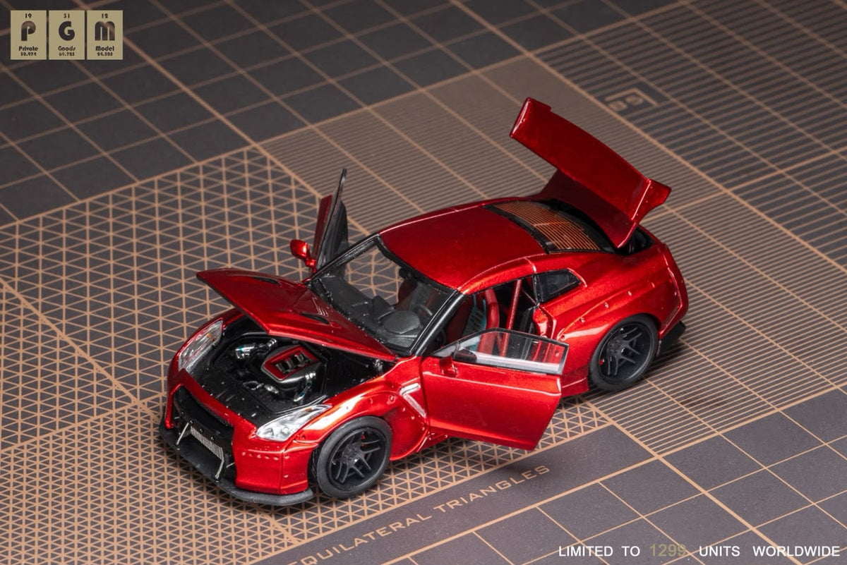 Lot57Supplies Diecast Shop PGM Nissan R35 widebody diecast model car in metallic red with opening doors and hood