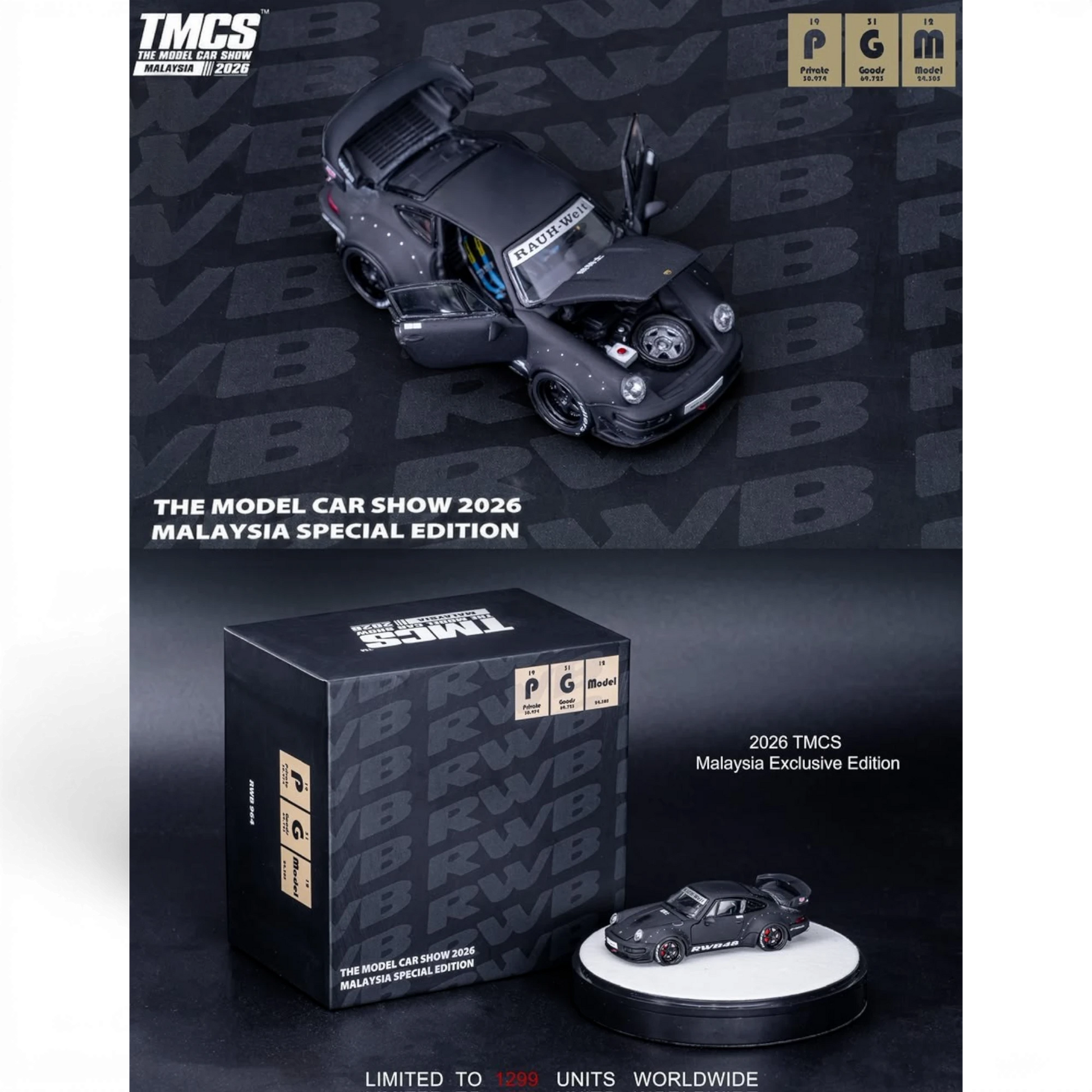 Lot57Supplies Diecast Shop PGM Porsche RWB 964 matte black 1:64 scale diecast model with opening parts and display box.