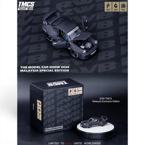 Lot57Supplies Diecast Shop PGM Porsche RWB 964 matte black 1:64 scale diecast model with opening parts and display box.