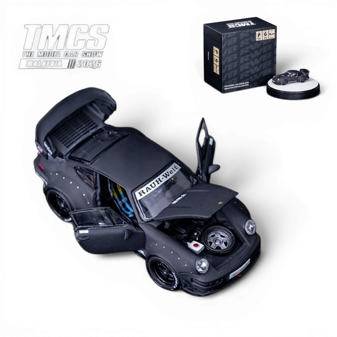 Lot57Supplies Diecast Shop PGM Porsche RWB 964 matte black 1:64 scale diecast model, 2026 TMCS Malaysia exclusive.