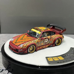 Lot57Supplies Diecast Shop PGM Porsche RWB 993 Batik 13 diecast car in red with gold alloys and intricate patterns