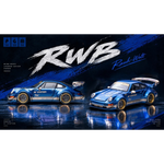 Lot57Supplies Diecast Shop PGM RWB 964 A1 STATION livery diecast model car in blue with gold wheels, 1:64 scale