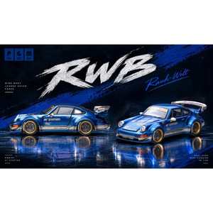 Lot57Supplies Diecast Shop PGM RWB 964 A1 STATION livery diecast model car in blue with gold wheels, 1:64 scale